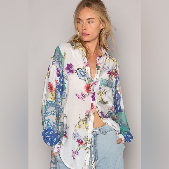 POL Tops - POL Bohemian Floral Blouse | Ivory with Multicolor Flowers & Butterflies